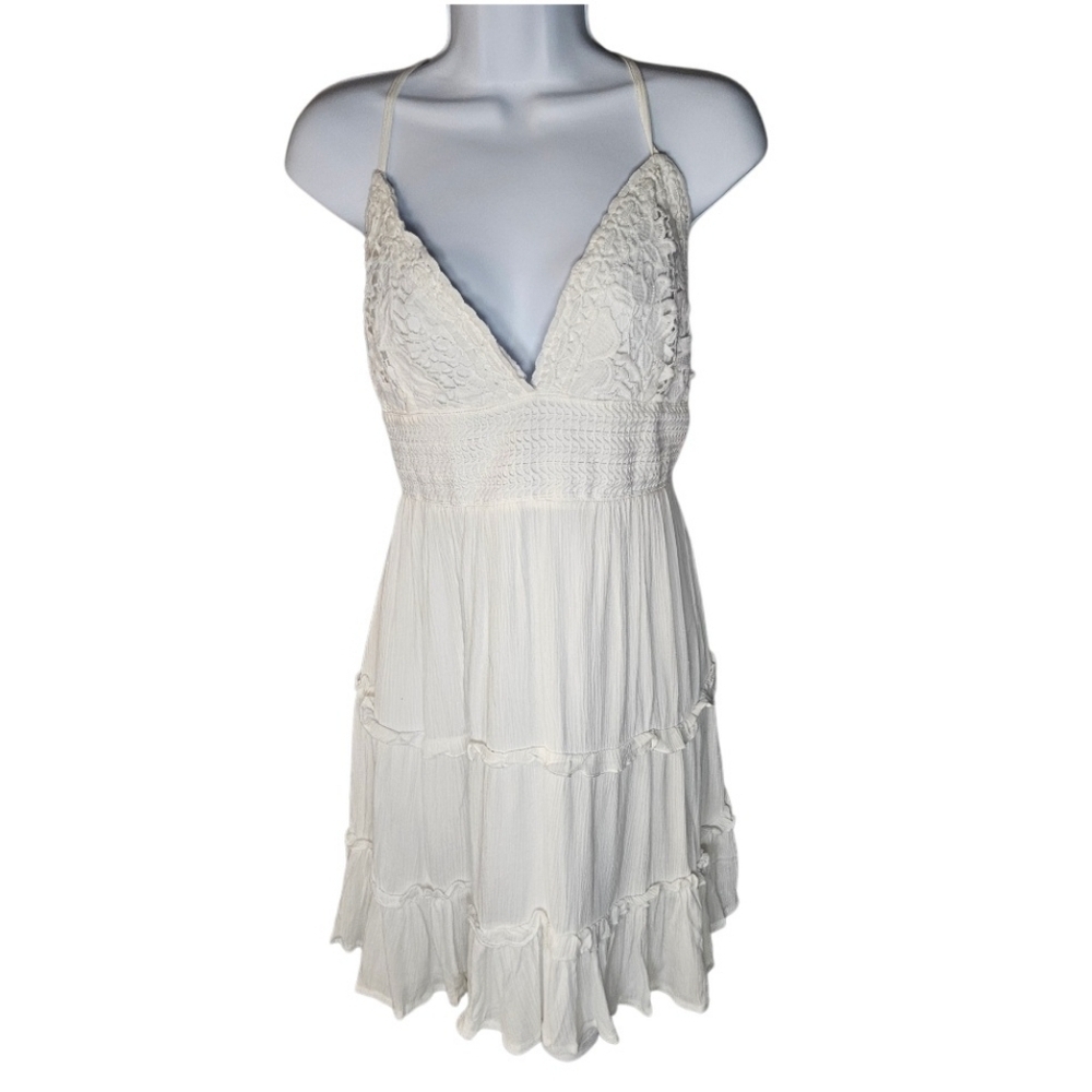 0105 Rue 21 White Lace Babydoll Top Mini Dress Y2K Fairy Hippie Ethereal Boho L